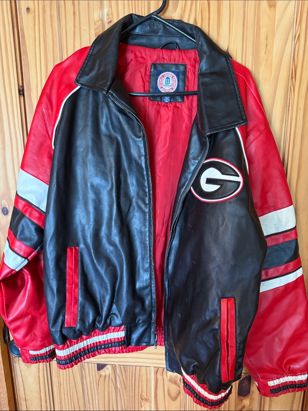 Black & Red Leather Varsity Jacket with G Patch
